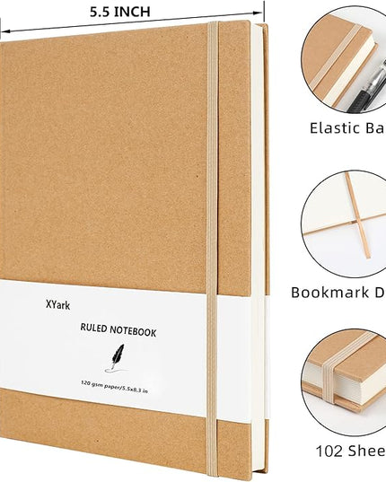 XYark A5 Line Kraft Notebook Journals Bulk, College Ruled Hardcover Writing Subject Composition Notebooks with Lined Paper, 2 Pack, 120GSM, 102 Sheets, 5.5x8.3 inch, Travel Journal Set