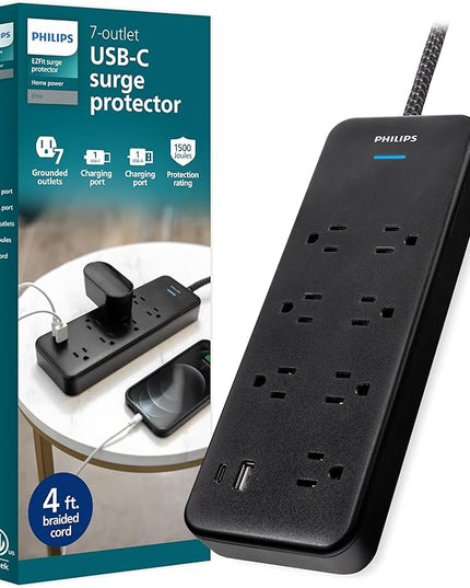 Philips 7-Outlet Adapter Spaced Surge Protector, 4ft Braided Cord, Power Strip with USB Charging, for Home School and Office, 1USB-A, 1USB-C, 1500J, Black, SPP9643B/37