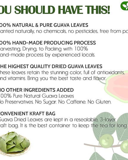 FreshDrinkUS, Premium 50+ Natural Guava Leaves, Whole Dried Leaves, 100% Pure, Natural Guava Loose Leaf Herbal Tea, Non GMO, No Additives, No Caffeine, Vegan