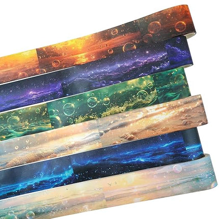 AuriicLeaf Ocean Fantasy Washi Tape Set – 6 Rolls with Dreamy Sunset, Wave and Bubble Patterns for Scrapbook, Journal, DIY Cards, with Mini Clip