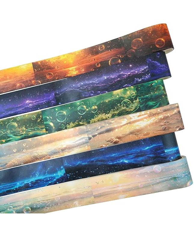 AuriicLeaf Ocean Fantasy Washi Tape Set – 6 Rolls with Dreamy Sunset, Wave and Bubble Patterns for Scrapbook, Journal, DIY Cards, with Mini Clip