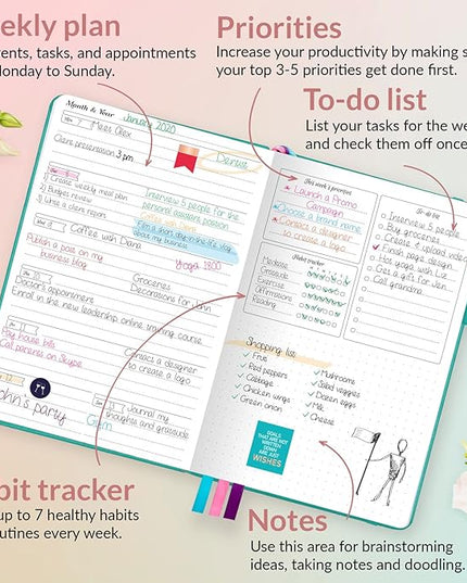 GoGirl Planner and Organizer for Women – Compact Size Weekly Planner, Goals Journal & Agenda to Improve Time Management, Productivity & Live Happier. Undated – Start Anytime, Lasts 1 Year – Turquoise
