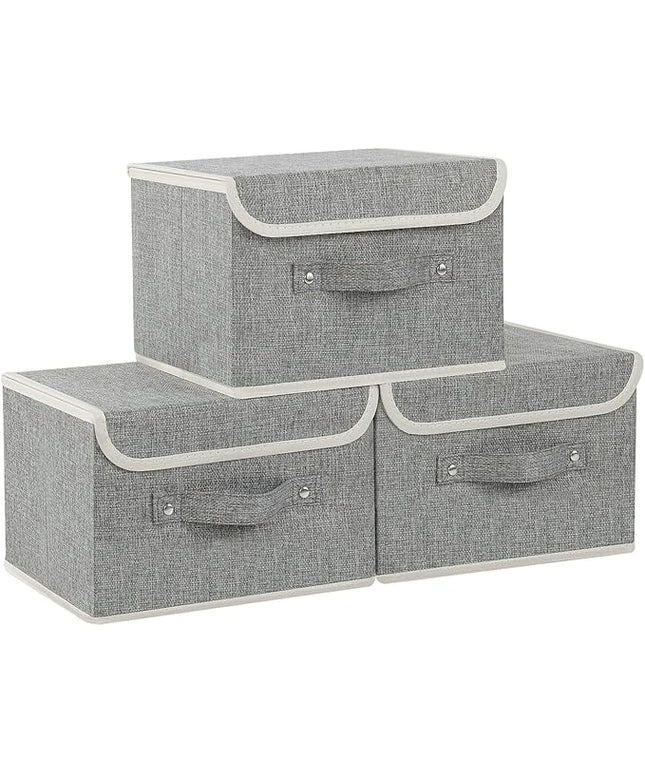 Storage Boxes, Collapsible Storage Bins with Lids, Cotton and linen cloth Storage Baskets with Handle, for Books, Closet, Bedroom, Home, Grey, 3 Pack 10.2 X 7.9 X 6.7in