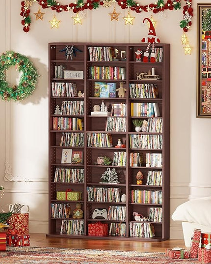 LELELINKY 11 Tier Tall Display Cabinet, Walnut Media Storage Cabinet with Adjustable Shelves, Free Standing DVD Organizer Shelf, Floor multimedia storage manga bookshelf for Living Room & Home Office.