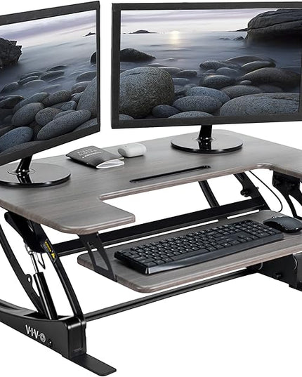 VIVO 36 inch Height Adjustable Stand Up Desk Converter, V Series, Quick Sit to Stand Tabletop Dual Monitor Riser Workstation, Gray Top, Black Frame, DESK-V000VG