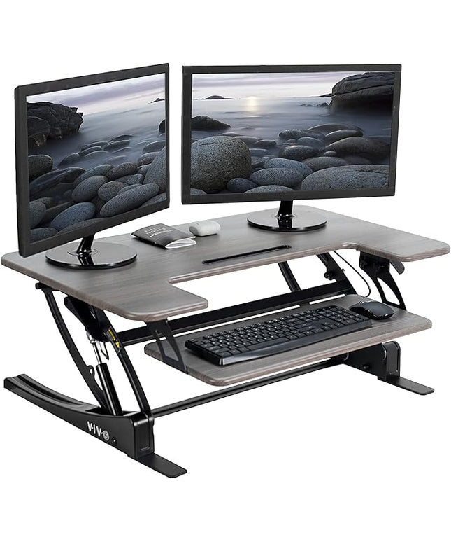 VIVO 36 inch Height Adjustable Stand Up Desk Converter, V Series, Quick Sit to Stand Tabletop Dual Monitor Riser Workstation, Gray Top, Black Frame, DESK-V000VG
