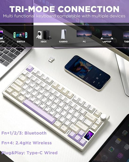 YUNZII AL80 Wireless Mechanical Keyboard,Full Aluminum CNC, Smart LCD Display,Hot Swappable Gasket Mount 75% Layout with Knob,BT/2.4G/USB-C,QMK/VIA Support for Win/Mac (Beige, Gateron Zero Switch)