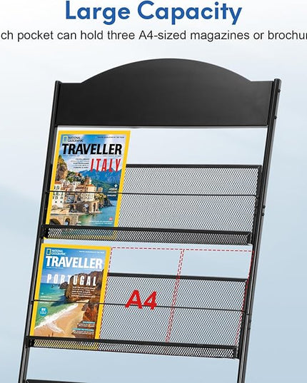 Floor Magazine Rack Brochure Stand with Wheels, Standing Literature Display Rack Brochure Holder for Home, Office, Retail Display, Black