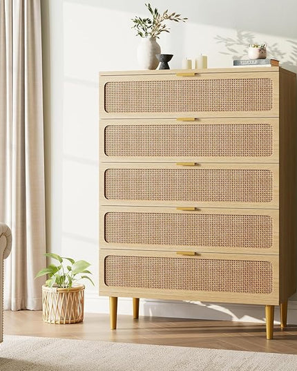 Garvee Rattan Dresser with 5 Drawers, Tall Modern Closet with Deep Storage, Large Chest of Drawers with Wide Top, Long Wooden Dresser for Bedroom, Living Room, Hallway, Kids Room, Natural