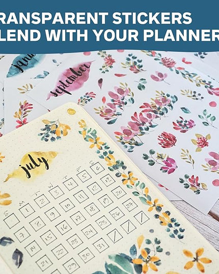 Transparent Monthly Planner Stickers - 12 Clear Sticker Sheets with Beautiful Watercolor Stickers & Undated Calendar Sticker Months - Planner, Scrapbooking and Journaling Supplies (Floral)