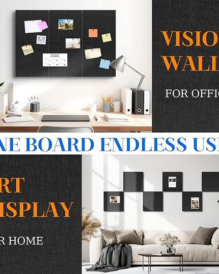 DOLLAR BOSS Felt Cork Board Tiles, 6 Packs 12" x 12" 1/2" Thick Cork Bulletin Board Self Adhesive Acoustic Panels Soundproof Corkboards for Walls with 60 Pushpins for Home Office Kitchen School, Black