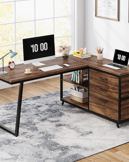 Tribesigns L-Shaped Computer Desk with 3 Drawers, Reversible Corner Home Office Desk with Shelves, 53-Inch Industrial PC Desk Study Writing Table Workstation for Small Space, Rustic Brown