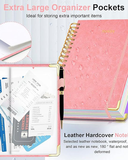 Hardcover Spiral Notebook 8"x10" Journal Notebook with Tabs and Removable Dividers 300 Pages 5 Subject Notebook College Ruled, Faux Leather Spiral Bound Notebook for Women School Work (Pink)