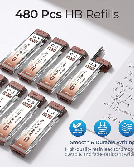 Nicpro 3 Pack Blocky Gear 0.3 mm Metal Mechanical Pencils Set with Case, Lead Drafting Pencil with 8 Tube (480PCS) Lead Refills, 4 Erasers, 18 Eraser Refills for Art Writing, Sketching Drawing