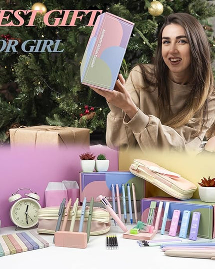 54Pcs Aesthetic School Supplies Set with Large Pastel Pencil Case 12 Dual Tip Highlighters, 6 Gel Pens, 5 Black Pens, 5 Mechanical Pencils (0.5-2.0mm) for Students Stationary College Essentials Gifts