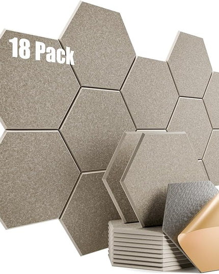 18 Pack Self-Adhesive Acoustic Panels 12" X 10" X 0.4" - Sound Proof Foam Panels for Wall with High Density, Hexagon Design, Flame Resistant, Absorb Noise and Eliminate Echoes(Camel)