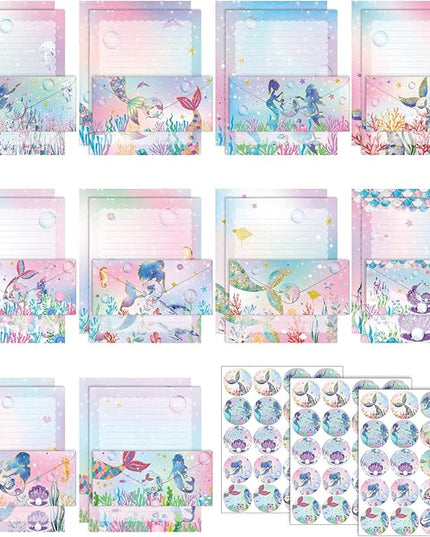TaoBary 160 Pcs Stationery Paper Set 50 Double Sided Stationery Papers with 50 Matching Envelopes and 60 Round Dot Sticker, 10 Design(Mermaid,8.5 x 11 Inch)