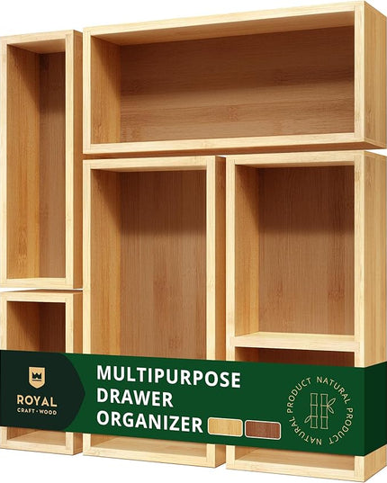 ROYAL CRAFT WOOD 5-Piece Bamboo Drawer Organizer Set – Multi-Use Storage Trays for Kitchen, Bathroom, Office, Makeup, Jewelry & More – Junk Drawer Tray, Utensil Holder, Storage Box & Bin Set (5 Boxes)