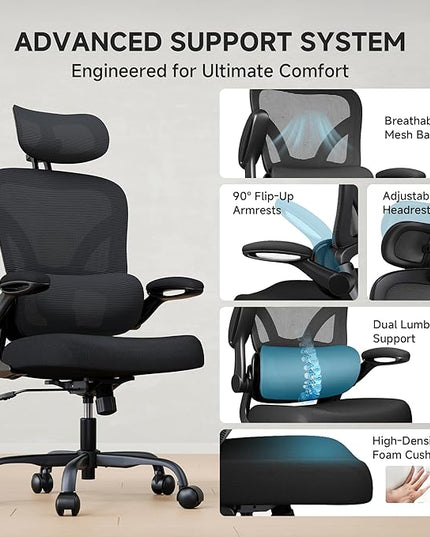 Ergonomic Office Chair, 330LBS Desk Chair with 3-Level Lumbar Support & Headrest, Breathable Mesh Backrest, Flip-Up Armrests for Home Office and Gaming, Black