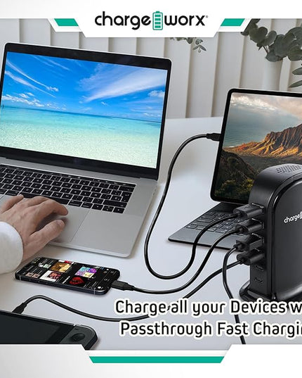 ChargeWorx Multi-Port Charger with 4 USB-A and 2 USB-C Ports, Fast Tower Charging Station, 40-Watt Output, Includes Surge Protector, Fire-Resistant Design, Compatible with iPhone and Android Devices
