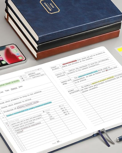 EMSHOI Meeting Notebook for Work with Action Items - 320 Pages B5 Thick Project Planner Agenda Organizer Work Notebook for Women Men Office Business Notes, PU Leather Hardcover, 7.5" x 10", Black