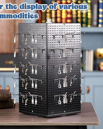 Geelin Metal Pegboard Display with Pegboard Hooks, 9.8 x 9.8 x 20.5 In Rotating Display Stand Display Racks for Craft Shows Pegboard Organizer with Peg Hooks for Jewelry Organizing Retail (Black)