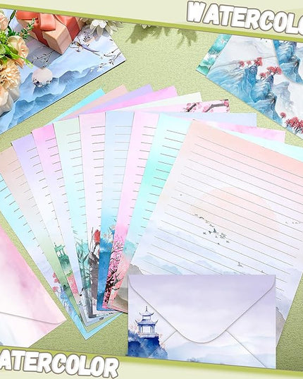 TaoBary 160 Pcs Stationery Paper Set 50 Double Sided Stationery Papers with 50 Matching Envelopes and 60 Round Dot Sticker, 10 Design(Ink Painting,8.5 x 11 Inch)