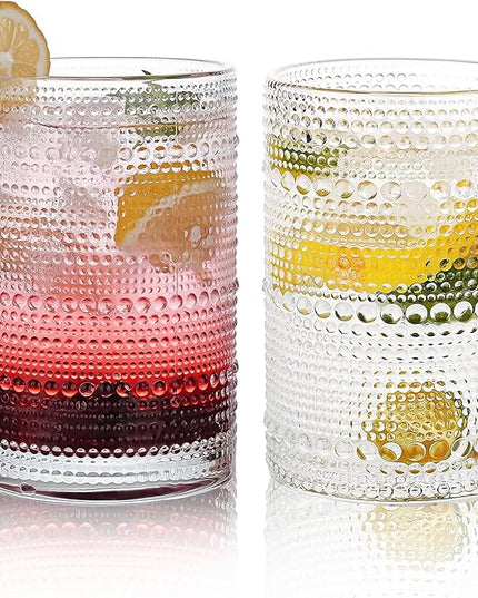 Hobnail Drinking Glasses Set of 2, 16 Oz Vintage Embossed Glass Cup Water Glasses Kitchen Glassware for Cocktails, Beer, Juice, Whiskey