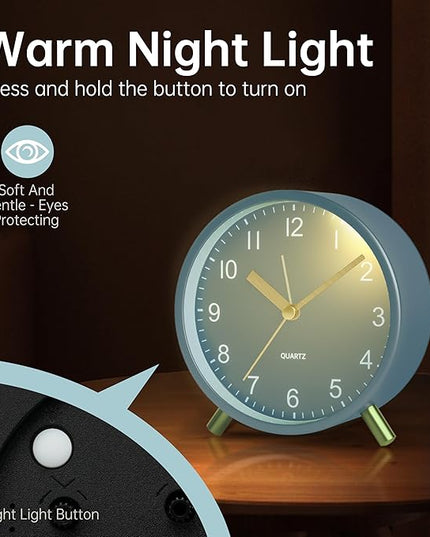 Analog Alarm Clock, 4 inch Super Silent Non Ticking Small Clock with Night Light, Battery Operated, Simple Design, easy setting for Office, Bedroom, Bedside, Desk, teens, elders, kids, adult, Skyblue