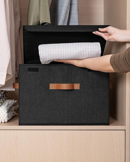 GRANNY SAYS Black Storage Bins with Lids, Decorative Storage Boxes with PU Handles, Linen Closet Organizer, Storage Baskets for Shelves, Fabric Storage Bins for Clothes, Extra Large