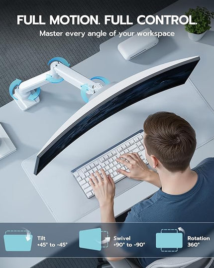 ARES WING Ultrawide Monitor Arm, Heavy Duty Single Monitor Mount for 13"-49" Curved Screens, Adjustable Stand for Desk with C-clamp & Grommet Base up to 40 LBS, White