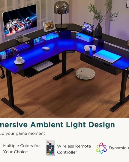 RedLemon 60 Inches L Shaped Electric Standing Desk, Height Adjustable Corner Gaming Desk with Drawers, Power Outlets & LED Lights, Computer Desk with Monitor Shelf, Carbon Fiber Black