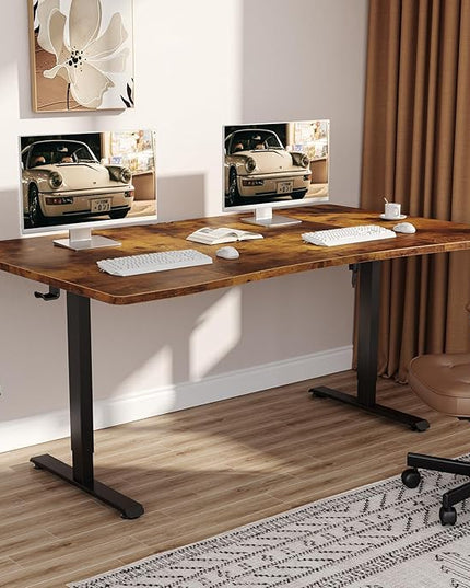 Veken 63 x 28 Inch Electric Standing Desk, Sit to Stand Up, Work Home Office Computer Table for Study, Walking Pad, Writing, and Games, Wooden Desktop Desks, Brown