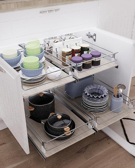 Pull Out Cabinet Organizer 20" W X 22" D, Slide Out Drawers For Kitchen Organizers and Storage, Pull Out Drawers For Cabinets Capacity Heavy Duty Caddy, Cabinet Shelves Wood Chrome, Pantry Storage