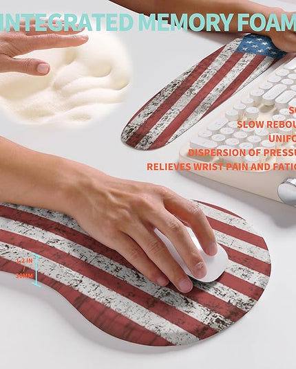 2-in-1 Ergonomic Set, Wave Rise Keyboard Wrist Rest and Massage Bulge Slope Mouse Pad Wrist Support, Cushion Memory Foam Integrated to Relieve Wrist Pain, American Flag