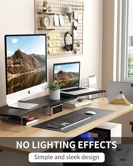 LED Dual Monitor Stand Riser for 2 Monitors, Office Desktop Wooden Stand Adjustable Length and Angle 3 Shelf, Extra Long Multifunctional Stand up to 44.4" for Computer, Laptop, TV, Black