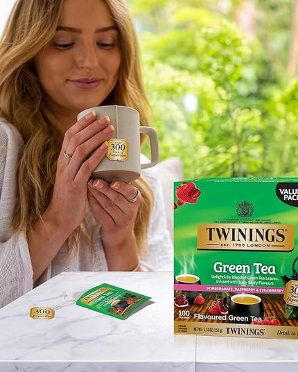 Twinings Green Tea with Pomegranate, Raspberry, & Strawberry Individually Wrapped Bags, 100 Count (Pack of 1), Caffeinated, Enjoy Hot or Iced, 100 Teabags