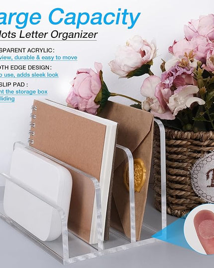 Acrylic Mail Organizer File Holder for Desk 2 PCS, 3 Compartments Clear Desktop Vertical Letter Sorter for Envelopes, Bill, Document, Notebook,Countertop Folder for Office, Home & School