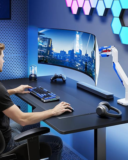 ARES WING Heavy Duty Ultrawide Monitor Arm - Gas Spring Aluminum Monitor Mount with USB for 24"-57" Curved Screens up to 66 lbs with Clamp/Grommet Desk Mount, 75/100/200 Vesa Mount, White