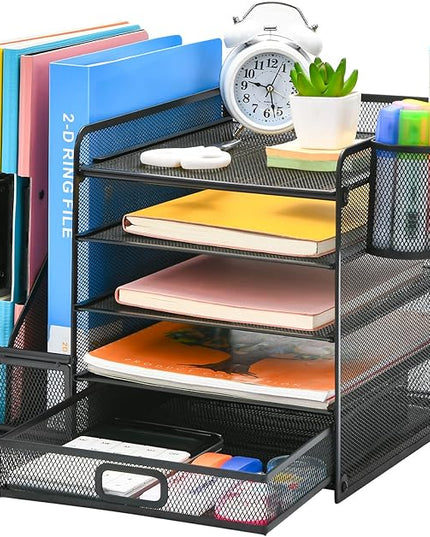 Marbrasse Desk Organizer with File Holder, 5-Tier Paper Letter Tray Organizer with Drawer and 2 Pen Holder, Mesh Desktop Organizer and Storage with Magazine Holder for Office Supplies(Black)