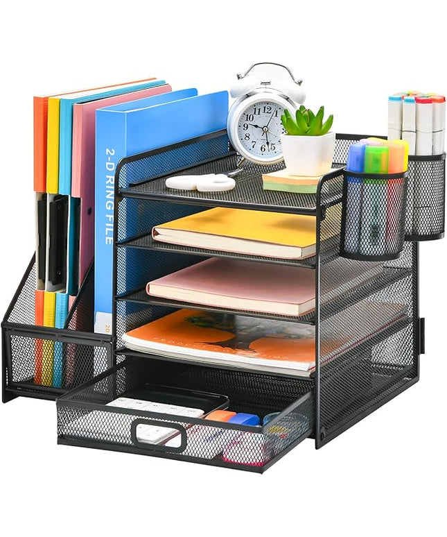Marbrasse Desk Organizer with File Holder, 5-Tier Paper Letter Tray Organizer with Drawer and 2 Pen Holder, Mesh Desktop Organizer and Storage with Magazine Holder for Office Supplies(Black)