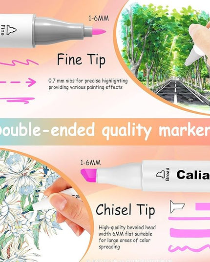 Caliart Pastel Markers, 61 Colors Dual Tip Art Markers Sketch Pens Permanent Alcohol Based, with Case for Adults Artists Drawing Illustration Sketching Coloring