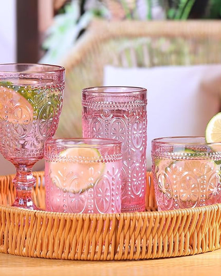 Pink Glassware set of 4, Vintage Drinking Glasses, 10oz Pink Heavy Duty Glass Cups, Old Fashioned Glass, Embossed Glasses Set for Party Wedding Home Office Glassesware Gift