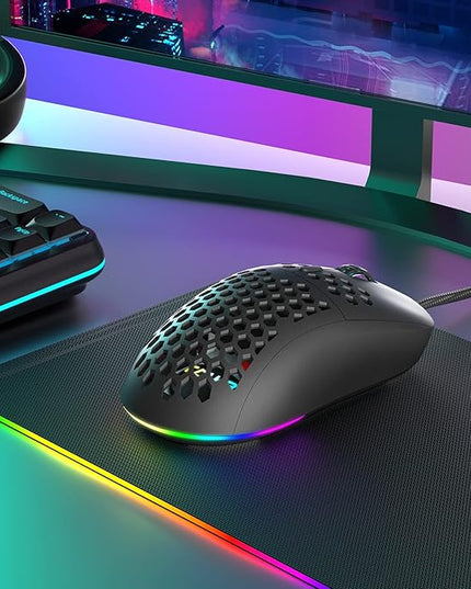 DIERYA M1SE Wired Gaming Mouse with Honeycomb Shell, 12800DPI Optical Sensor, 6 Programmable Macros, Software Support for Custom Key Config, and RGB Settings for Windows 7/8/10/XP, Vista, Linux-Black