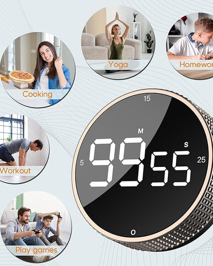Upgrade Digital Kitchen Timer - Magnetic Countdown Countup Visual Pomodoro Timer with Large LED Display, 3-Preset Times (5, 15, 25), 3 Volume Levels, Ideal for Cooking, Baking and Fitness (2, Tarnish)