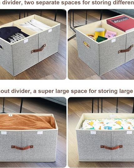 TYEERS Extra Large Collapsible Storage Bins with Lids and Compartments, Organizing Bins for Closet Storage, Clothes Storage, Cube Organizer for Home Office Storage - 3 Pack - Gray