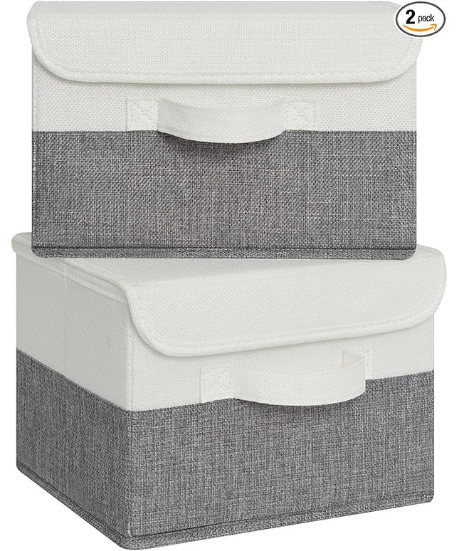 GRANNY SAYS Small Storage Bins with Lids, Small Storage Boxes, Shelf Baskets for Shelf, Collapsible Storage Bins for Living Room, Bedroom, 10x8x7 Inch, White/Gray, 2-Pack