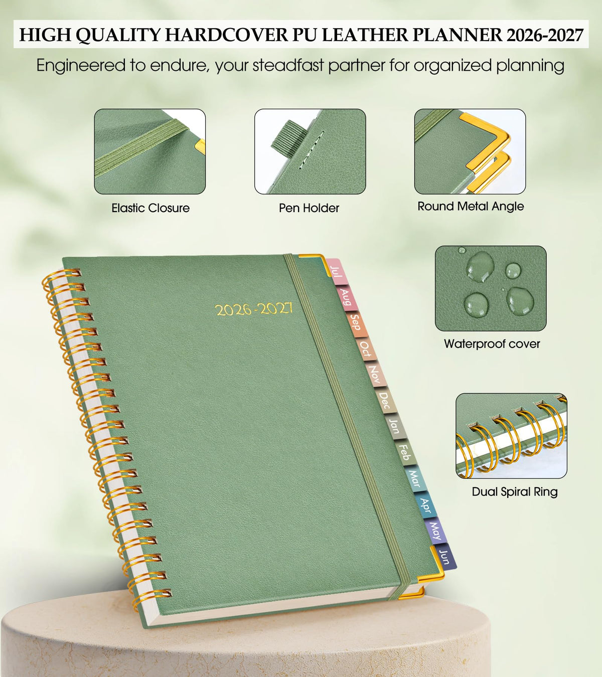 Academic Planner 2026-2027, Hardcover Leather Weekly and Monthly Calendar Planner from July 2026 - June 2027, A5 6.1" x 8.2" Daily Agenda with Tabs, College School Organizer for Student Teacher, Green