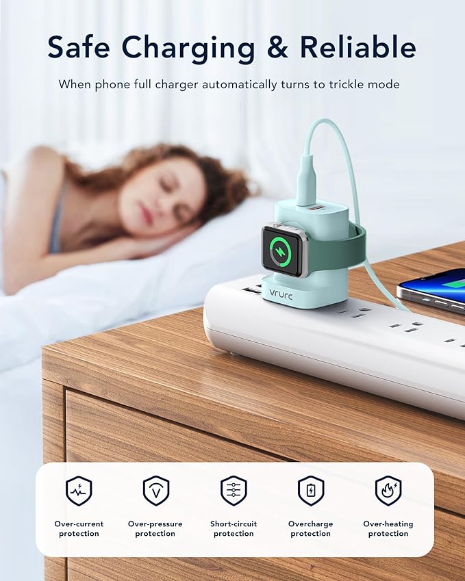 VRURC for Apple Watch Charger, Wireless Magnetic Portable iWatch Charger, PD 20W 3-in-1 Travel Essentials Fast Charging Block for iWatch Ultra/SE/11/10/9/8/7/6/5,iPhone 17/16/15/14/13 etc-Green