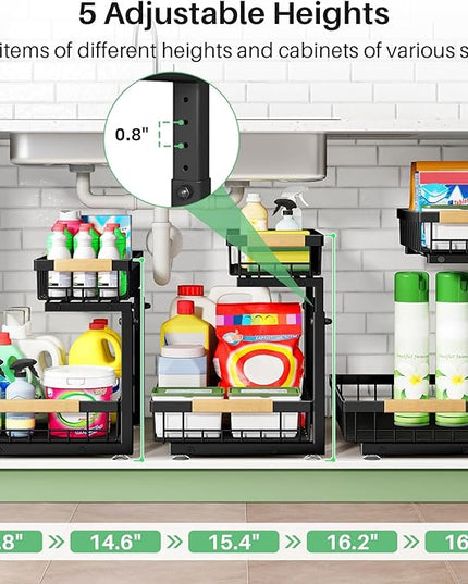Under Sink Organizer, 2 Packs 2 Tier Under Sink Organizers and Storage, Slide out Pull out Cabinet Organizer Shelf, Metal Sliding Drawer for Kitchen Bathroom Pantry Cabinet Closet Organization Rack